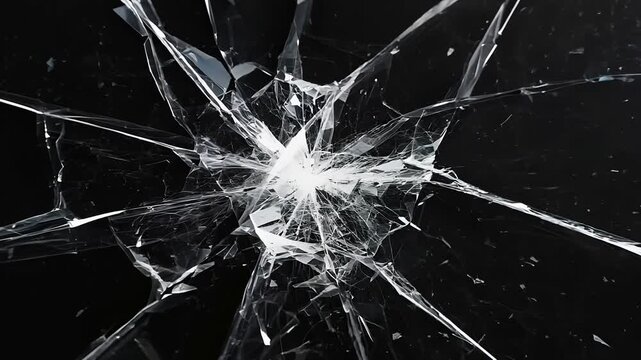 Close-up of shattered glass forming sharp cracks and splinters against a solid black background, symbolizing fragility or destruction, 4k video footage
