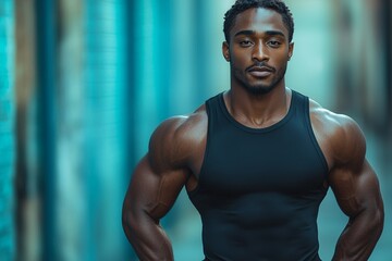 Fototapeta premium A fit athlete against a dark backdrop. A strong bodybuilder doing a workout