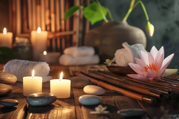 Fototapeta premium Spa treatment concept. A tranquil spa setting with candles, lotus flowers, and pebbles arranged on a wooden table, accompanied by towels, soaps, and body serums.