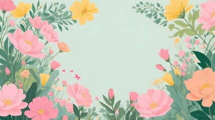 Spring floral frame with vibrant flowers and leaves surrounding a blank central space, copy space