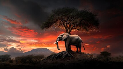 Fototapeta premium Elephant sunset African savanna dramatic sky wildlife