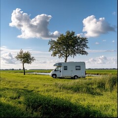 White campervan under vibrant sky with fluffy clouds
