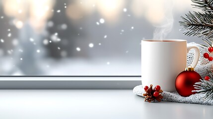 Warm winter beverage in white mug near window with Christmas ornaments and pine branch.