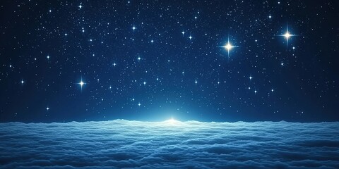 Celestial Advertising Background: Deep Blue Night Sky with Twinkling Stars and Distant Nebulae. High-Resolution Digital Illustration for Creative Marketing Designs, Featuring Cinematic Lighting and De