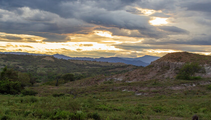 Panorama of the Tatacoa desert with a morning light. Dunes, bushes, sand, dry arid earth, cactus, clouds, sunset in the horizon. Villavieja, Huila, Colombia,