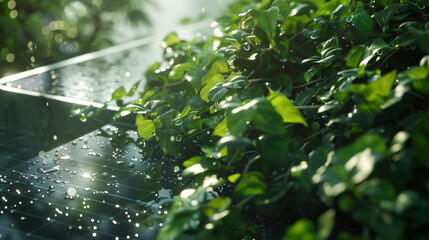 Huerto ecol&oacute;gico en la ciudad. Sistema de riego autom&aacute;tico con placas solares de plantaci&oacute;n casera. Imagen de energ&iacute;as sostenibles y renovables.