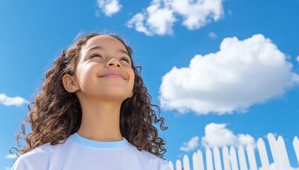 Happy girl looking up, sunny sky, white fence