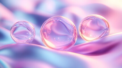 Three iridescent glass spheres on pastel fabric.