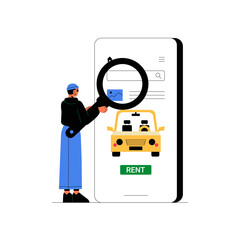 Male Character Using Magnifying Glass To Search Car Rental Options On Smartphone In Flat Vector Illustration Symbolizing Research, Navigation, And Mobility, Isolated On White Background.