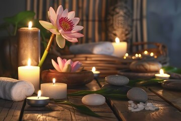 Spa treatment concept. A tranquil spa setting with candles, lotus flowers, and pebbles arranged on a wooden table, accompanied by towels, soaps, and body serums.