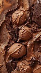 Hyper-quality professionnal photography, ultra detailed, Chocolate Gelato with smooth chocolate flavor and velvety texture, captured on a rustic brown surface, rich and decadent high resolution