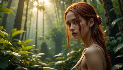 Stunning redhead woman in a lush green forest, sunlit scene,  natural beauty, long hair,  golden dress, magical atmosphere, fairytale setting