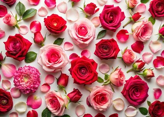 Obraz premium Overhead View of Roses & Petals, Isolated White Background - High-Resolution Stock Photo