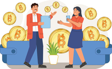 Cryptocurrency Transfer and Blockchain Technology Illustration with Bitcoin Features Bitcoin icons integrated with blockchain elements and transfer visuals.