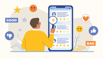 Customer Product Reviews with Star Ratings and Feedback Illustration Displays customers giving product ratings and leaving reviews with stars and text.
