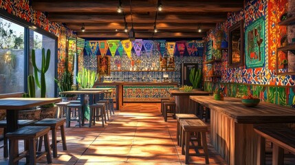 A vibrant Mexican cantina with bold