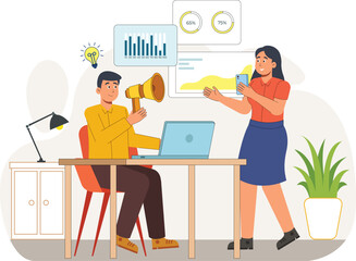 Digital Marketing Analytics and Campaign Strategy Illustration with Data Insights Shows marketers analyzing graphs and data dashboards for campaign strategies.