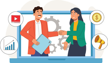 Digital Marketing Partnership and Growth Strategy Illustration Highlights two partners shaking hands over data charts and planning documents.