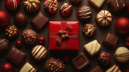 Assorted gourmet chocolates and a red gift box arranged on a dark background.