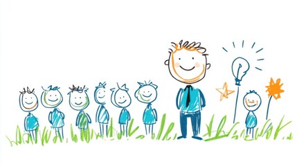 Fototapeta premium Happy Children with a Smiling Leader and Creative Ideas Representing Growth and Inspiration in a Fun Setting