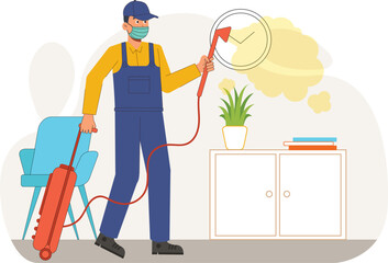 Housekeeping and Cleaning Services Illustration with Worker and Equipment A worker holding cleaning tools like a mop or vacuum, surrounded by equipment.