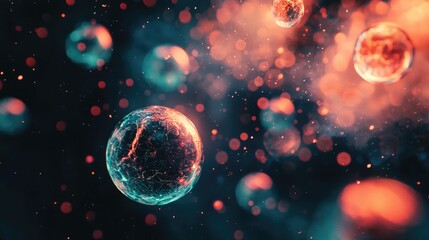 Naklejka premium Abstract illustration of glowing colorful bubbles on a dark background. Focus on vibrant colors, light effects, and dynamic shapes. Generative AI