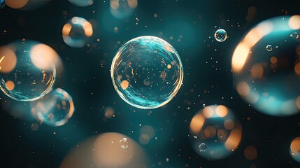 Naklejka premium Abstract illustration of glowing colorful bubbles on a dark background. Focus on vibrant colors, light effects, and dynamic shapes. Generative AI