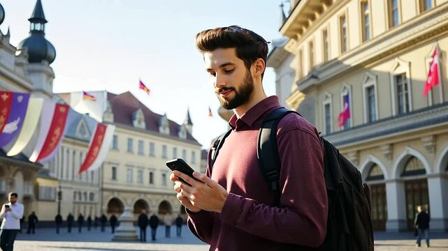 International Student Using Translation App for Language Study