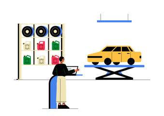 Male Technician Supervising Yellow Car On Platform In Flat Vector Illustration Symbolizing Vehicle Inspection, Maintenance, And Service, Isolated On White Background.