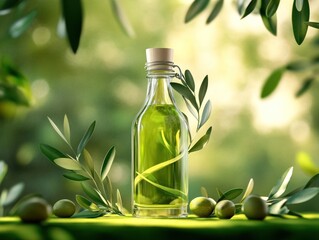 Minimalist bottle with olive branches in nature.