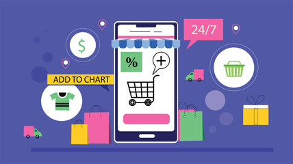 Online Shopping Store with Add to Cart and Discount Offers Illustration A product being added to a cart with tags displaying discounts and promotions.