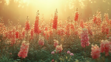 Sunlit field of pink flowers at sunrise.