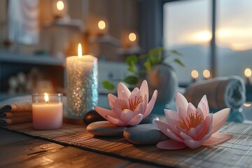 Spa treatment concept. A tranquil spa setting with candles, lotus flowers, and pebbles arranged on a wooden table, accompanied by towels, soaps, and body serums.
