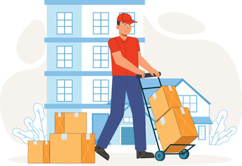Parcel Delivery Service with Delivery Person and Cart Illustration A delivery person pushing a cart loaded with parcels, ready for distribution.