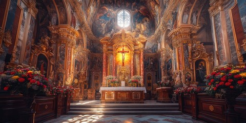 Sunlit Baroque church altar, ornate details, floral arrangements, peaceful atmosphere, religious ceremony