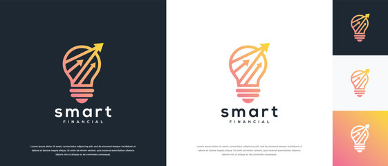 Smart light bulb and finance arrow logo design. Arrow light bulb logo template. Finance logo symbol icon