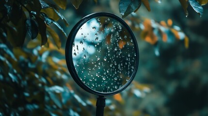 Raindrops on a round mirror, nature background.
