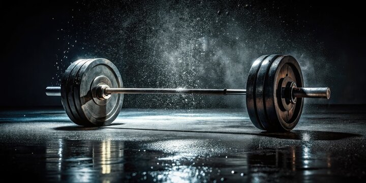 Steel weights gleam under dramatic low light, reflecting rain on a dark gym floor; raw strength.