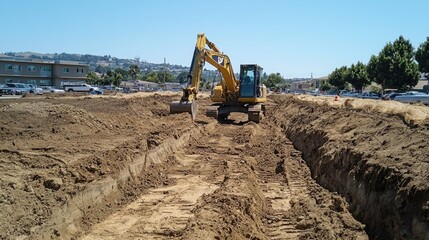 Obraz premium Excavator digging a trench at a construction site near a commercial building. Workers and construction materials are visible in the background. Generative AI