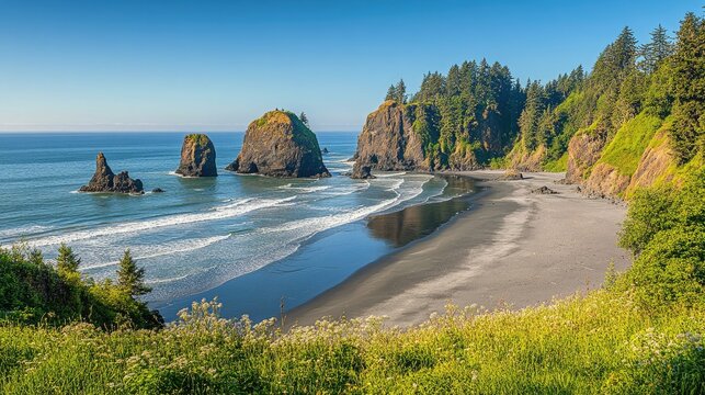 Ocean Coastline With Sea Stacks And Lush Green Vegetation