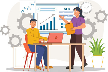 SEO Strategy and Growth Analytics Illustration with Marketing Team A marketing team discussing SEO strategies, surrounded by growth charts and graphs.