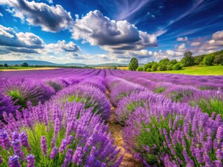 Fototapeta premium Sun-drenched lavender fields, vibrant purple blooms carpet green hills, a breathtaking panoramic view.