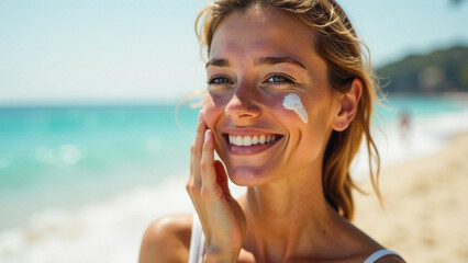 Young woman applying sunscreen to her cheeks with a cheerful smile, beach-inspired background. Bright and vibrant tones.