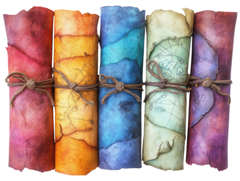 Colorful Magical Scrolls Tied with Ribbon on Transparent Background