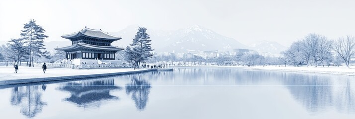Snowy Winter Day Scene at an Elegant Asian Building on a Frigid, Snowy Lake. Serene Snowy Mountain