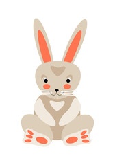 Cartoon sitting full face gray bunny. Vector illustration for design of cards, banners, invitations, packaging, prints for clothes