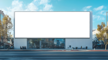 Mock-up of a blank white building hoarding branding space in Los Angeles at noon
