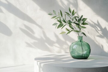 White empty concrete textured wall and podium stage background, green glass vase with plants, neutral sustainable natural brand product showcase template, mock up with copy space, Generative AI
