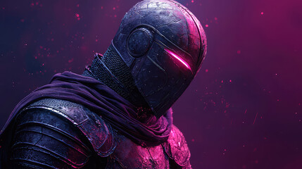 Fototapeta premium Futuristic knight in dark armor with glowing visor, set against a purple background with particles.