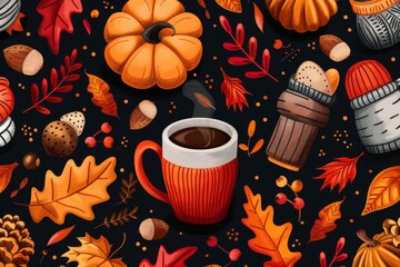Autumn coziness: leaves, pumpkins, and coffee mugs in cartoon style